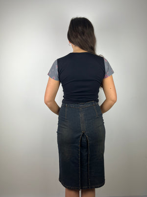 Vintage midi y2k denim skirt with bronze stud details