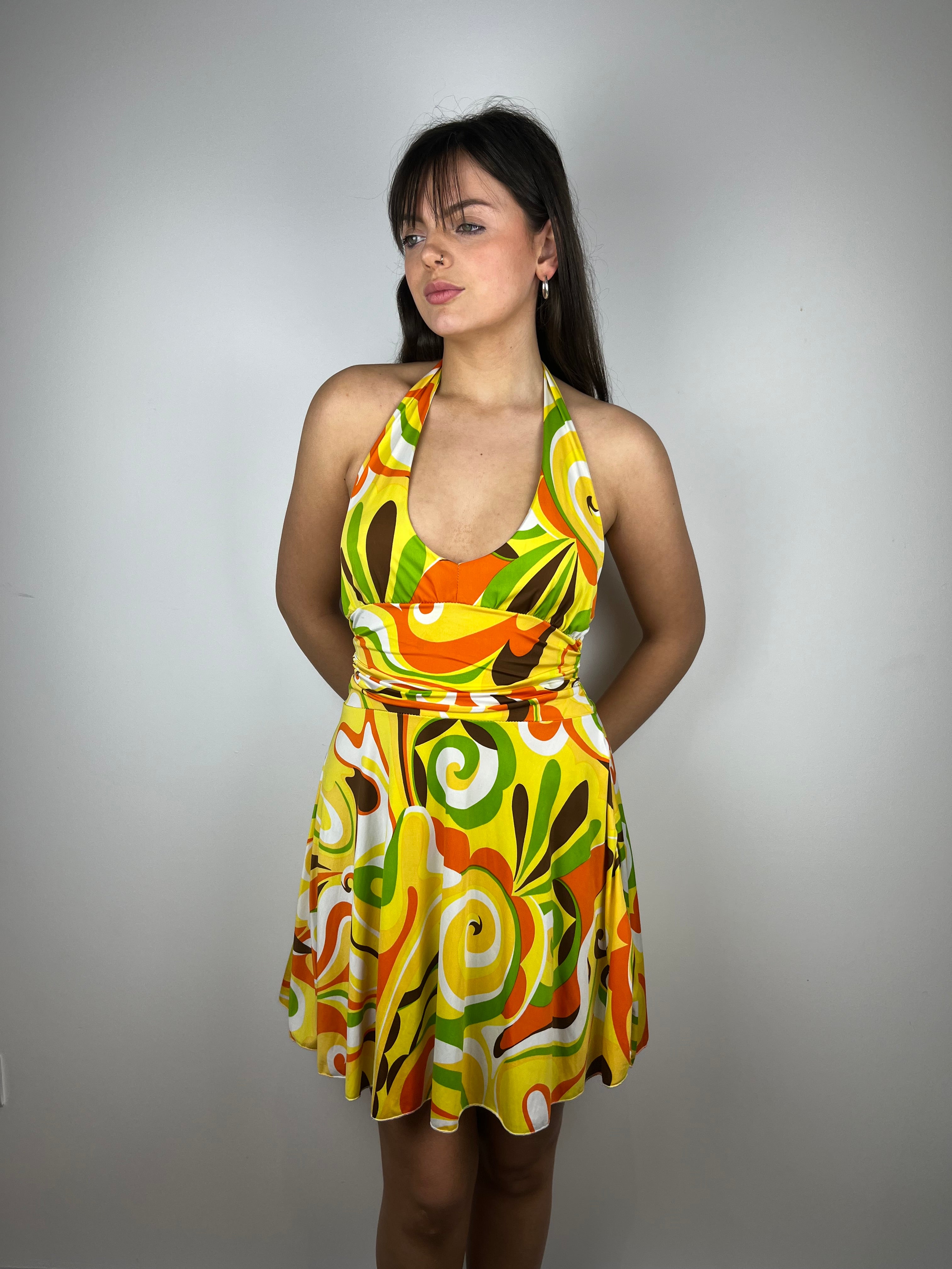 Vintage retro print halter neck dress