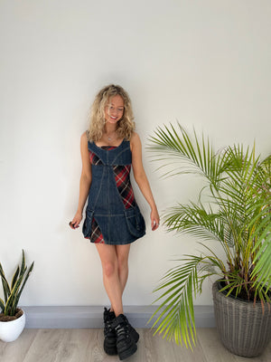 Vintage denim tartan mini dress with buckles 