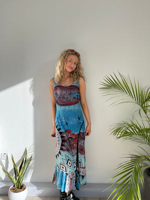 Vintage patterned maxi dress blue mesh