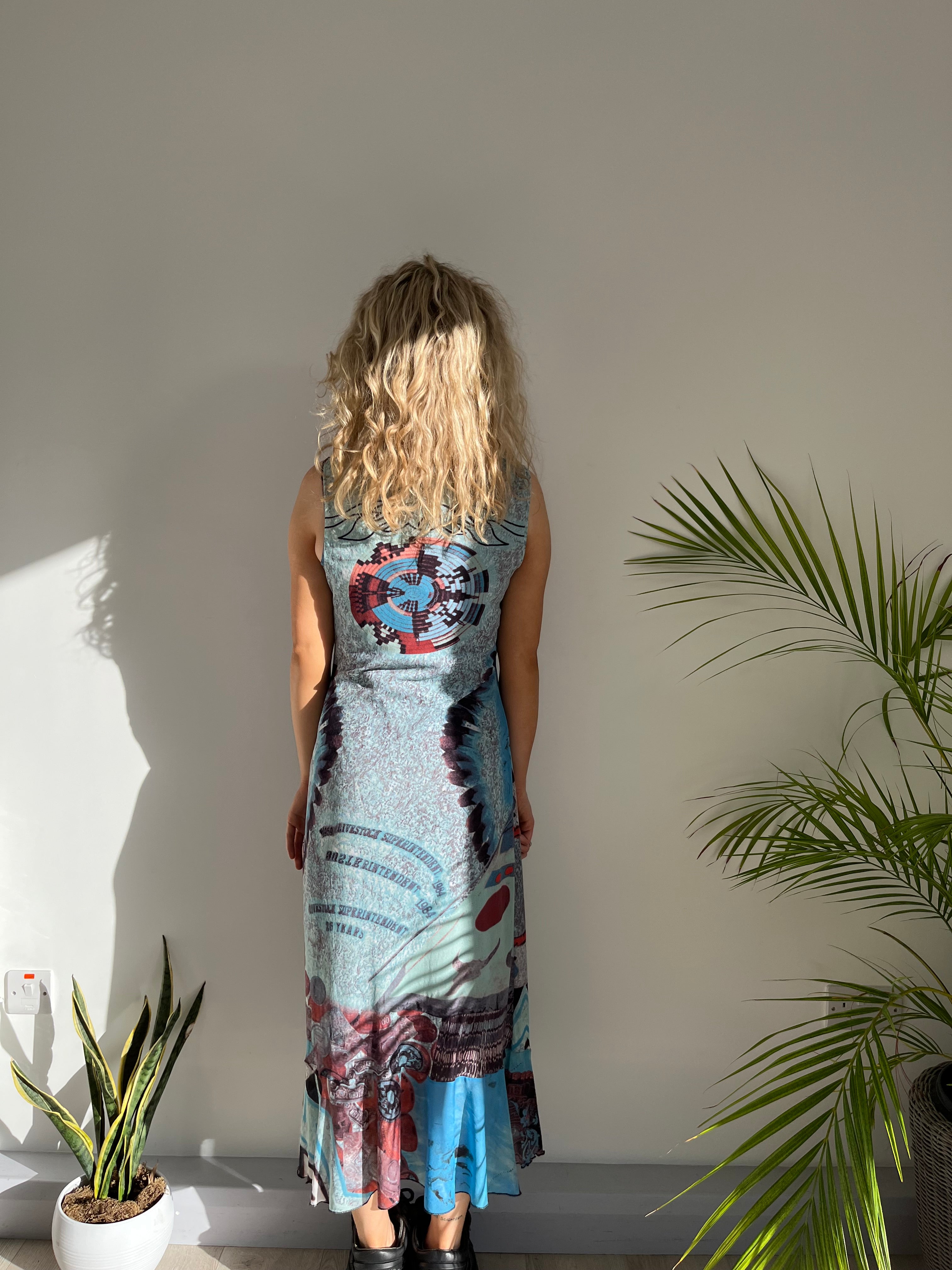 Vintage Patterned Mesh Maxi Dress (M)