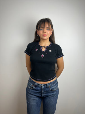 Vintage black y2k embroidered T-shirt top