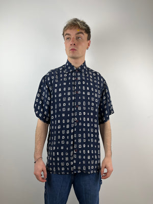 Vintage short sleeve white patterned navy shirt