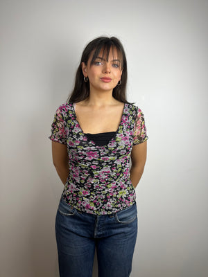 Vintage Y2K mesh flower print top