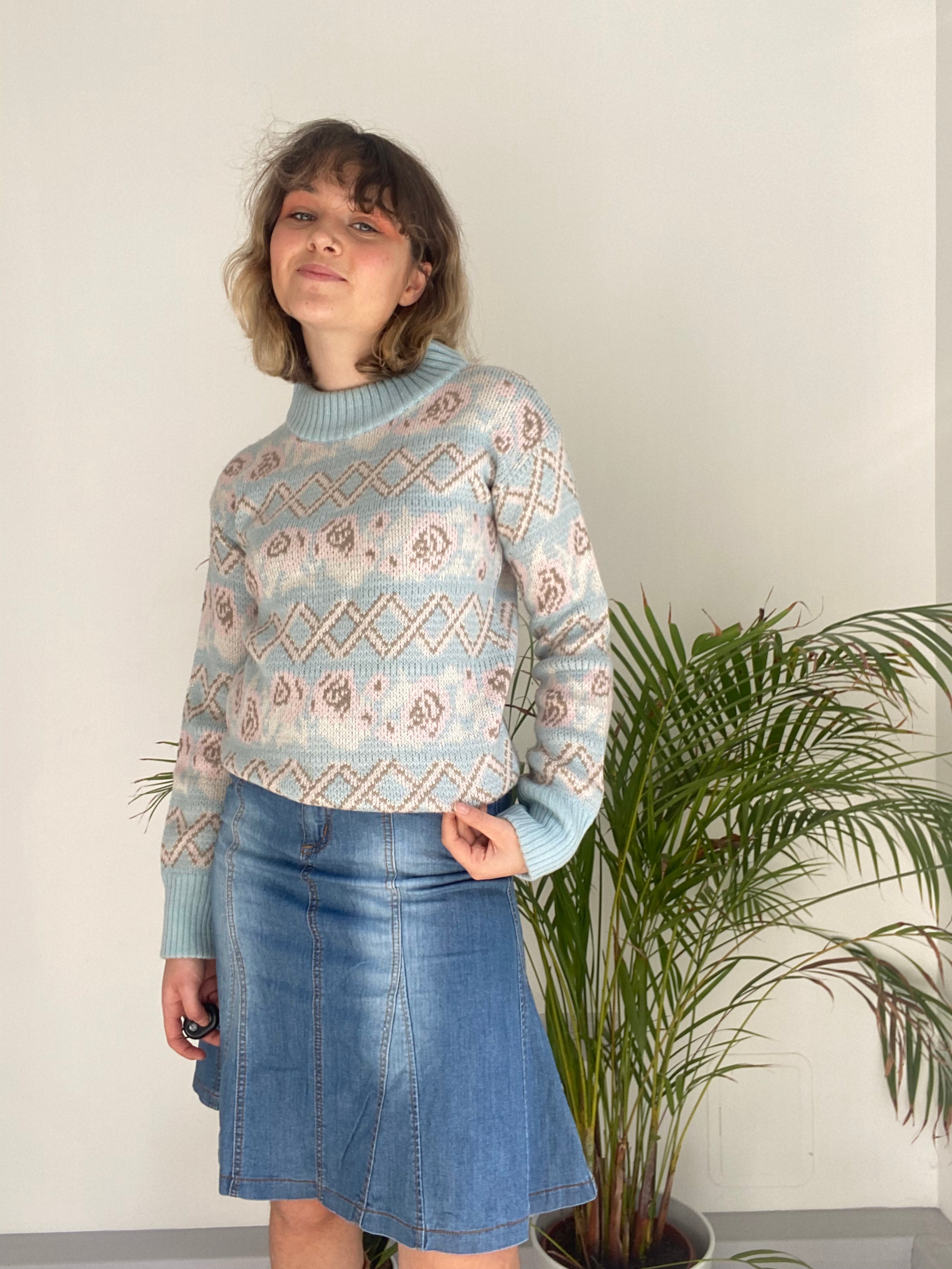 Vintage Pastel Blue Patterned Knit (S)