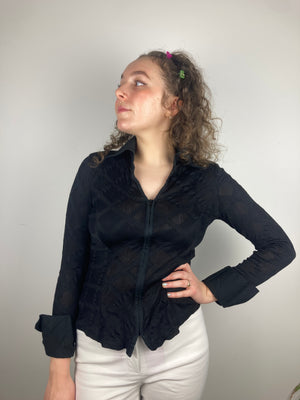 vintage black y2k zip up collared shirt top