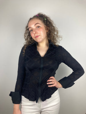 vintage black y2k zip up collared shirt top