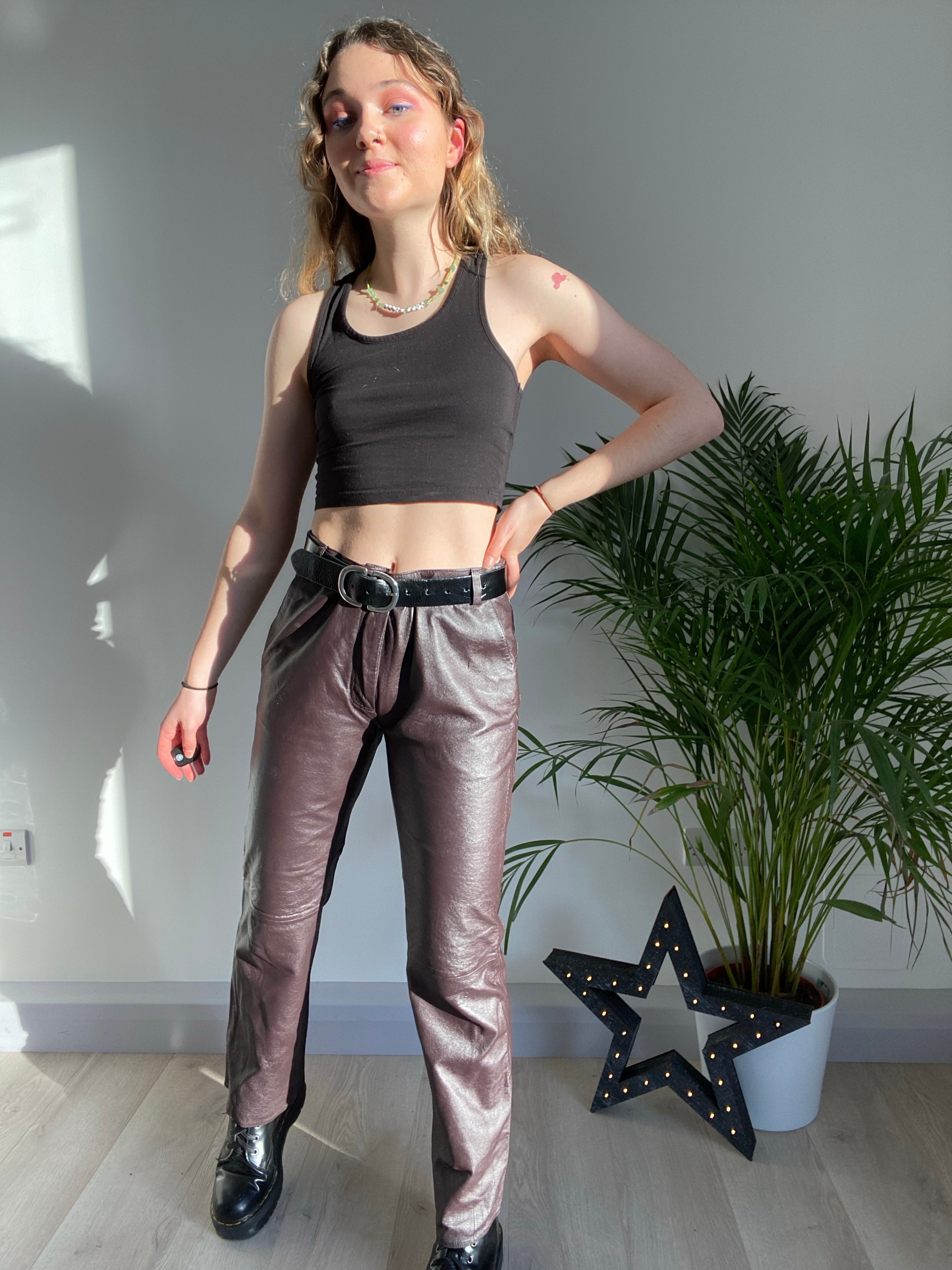 brown leather pants 