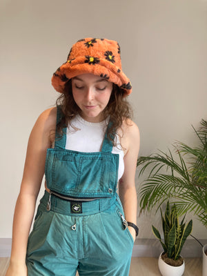 orange daisy print fluffy bucket hat