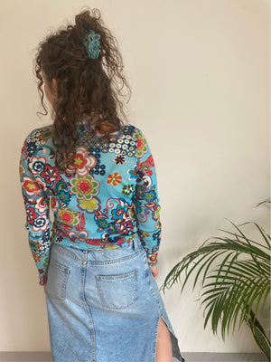 blue flower power design mesh top