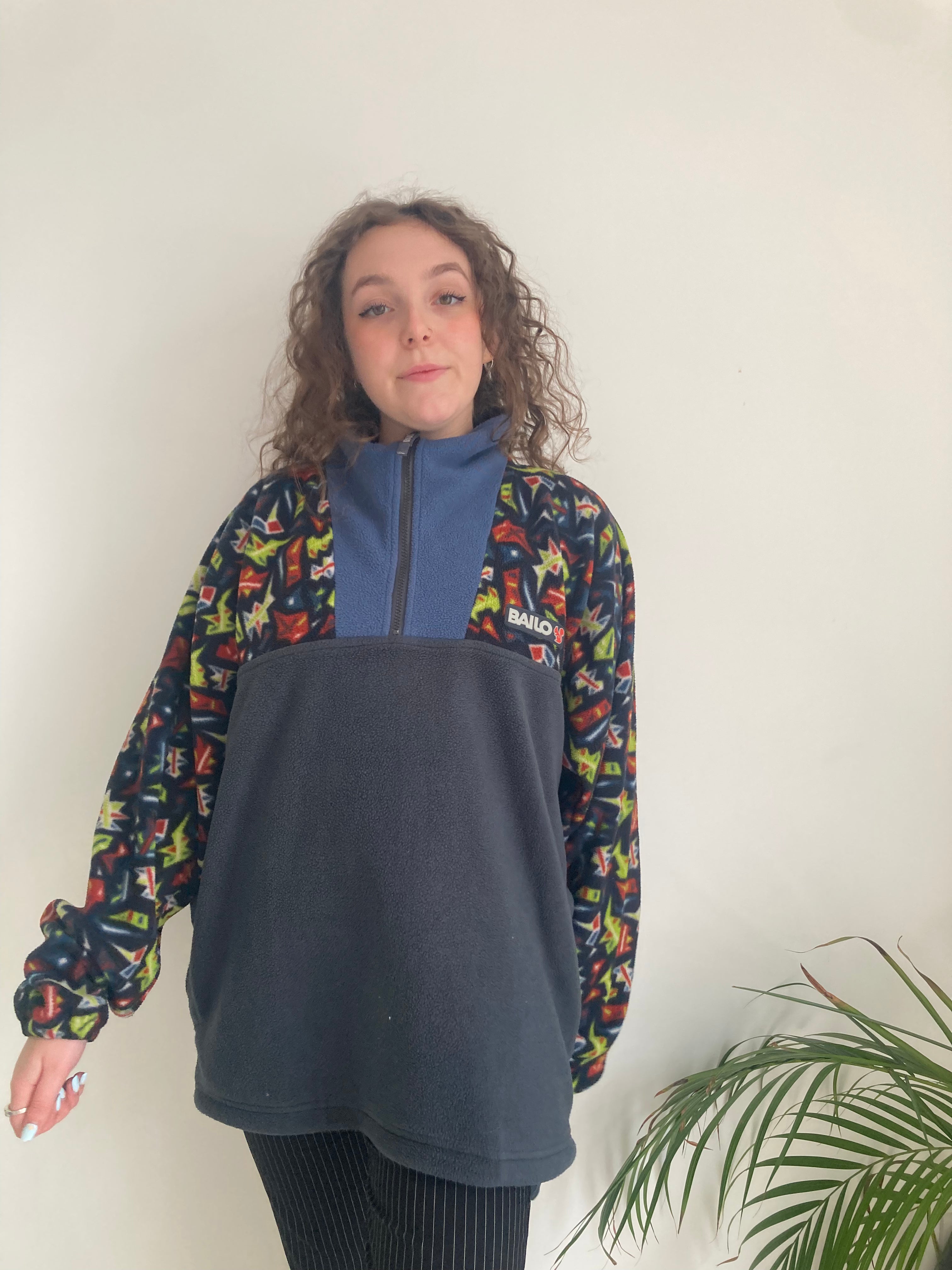 grey funky print sleeve vintage fleece