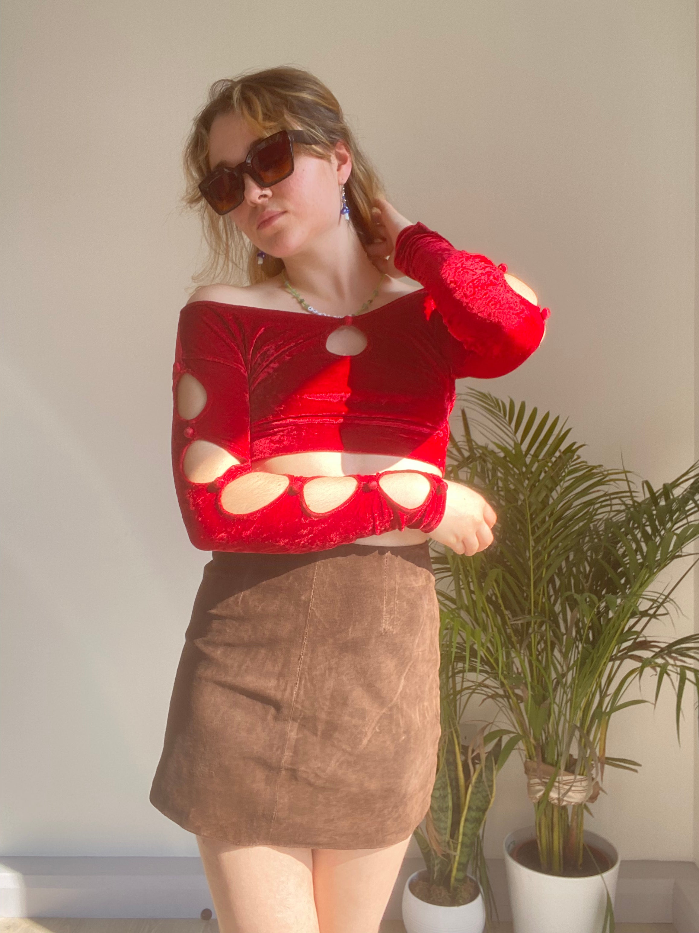 Vintage Red Velvet Cut Out Top