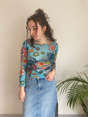 blue flower power design mesh top