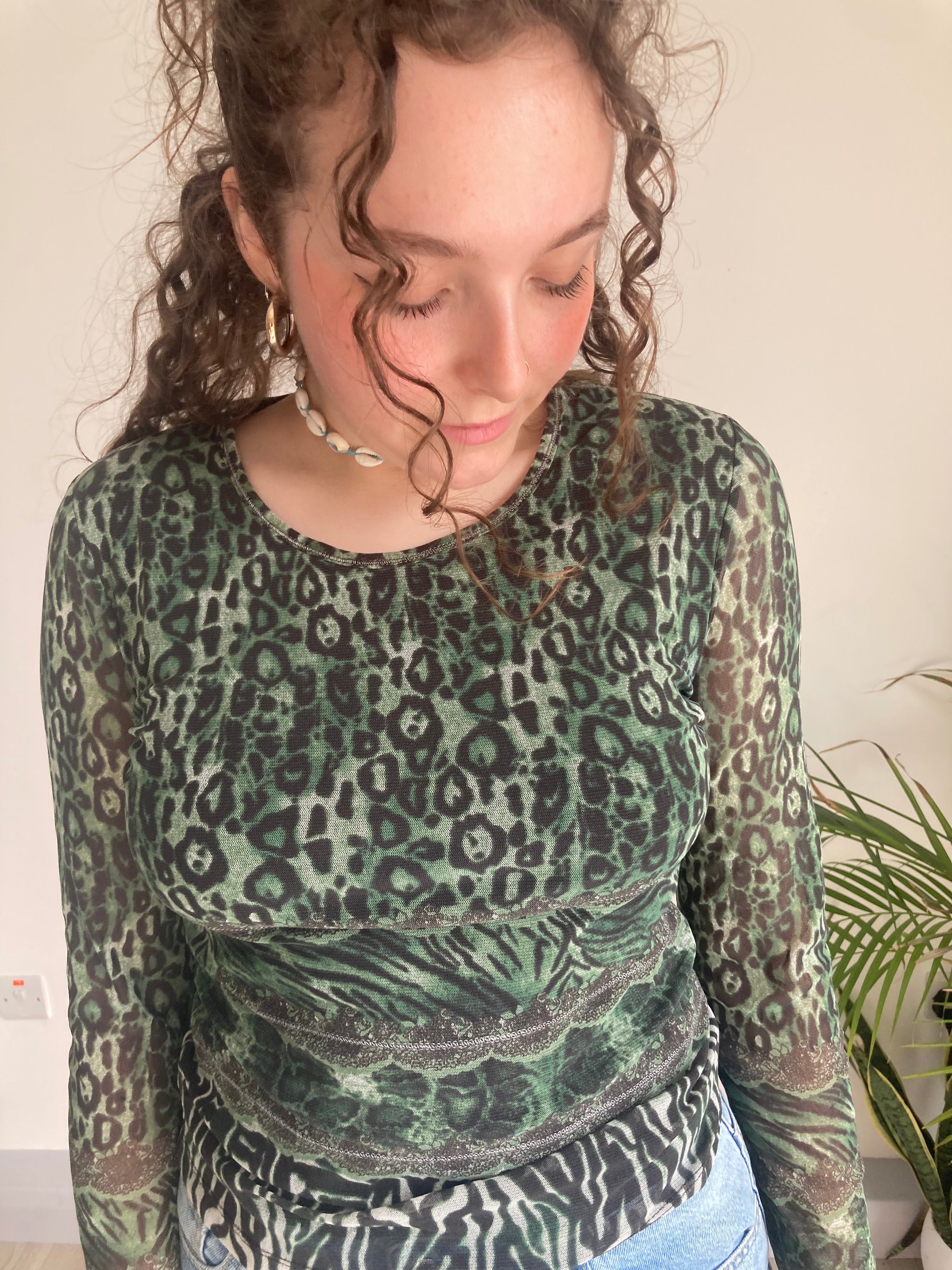 green leopard print mesh y2k top